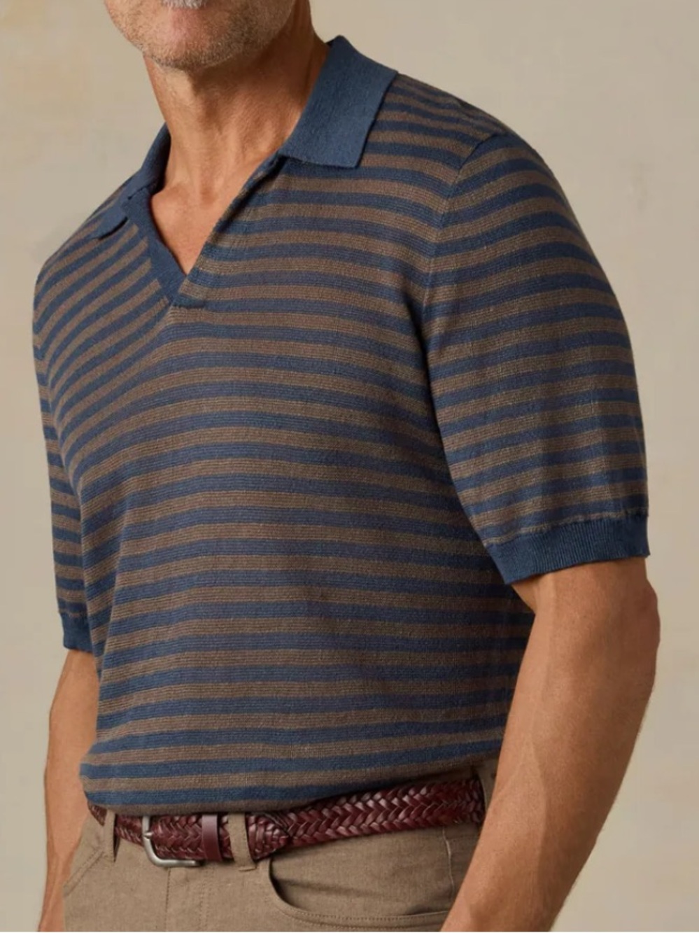 Faherty Mens Shortsleeve Linen Sweater Polo Navy Cedar Stripe MEDIUM NWT